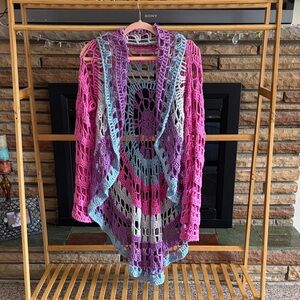 Hand-Crocheted Open-Front Multicolor Poncho Sweater - Pink, Purple & Blue